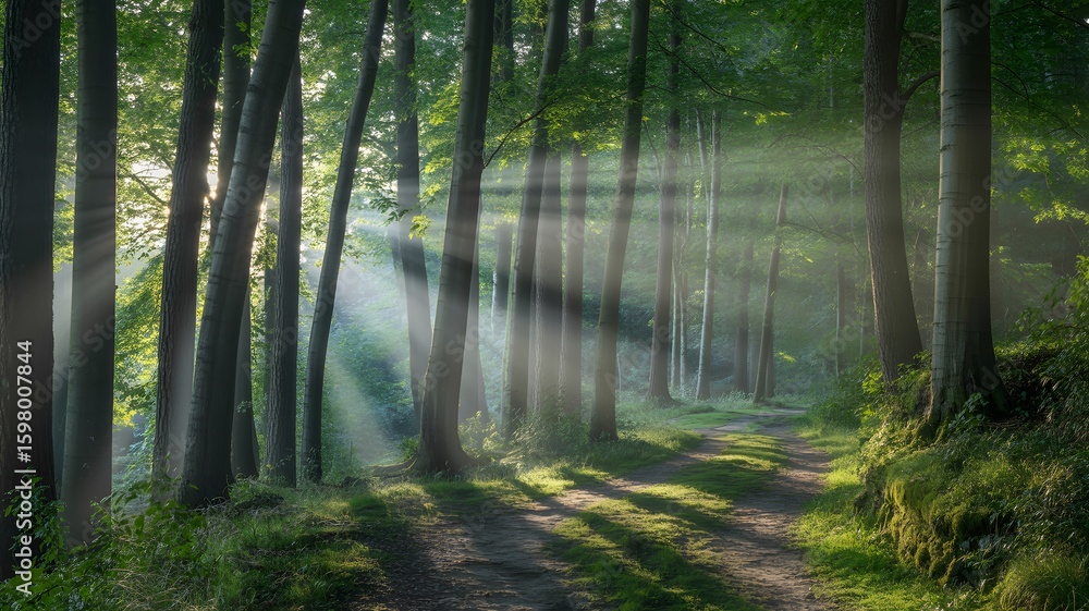 Obraz premium Sunbeams pierce through dense green forest canopy illuminating a winding path