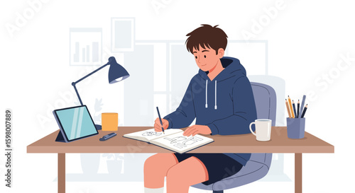 Young Man Draws Sketching Designs In Notebook At Home Workplace Hobby