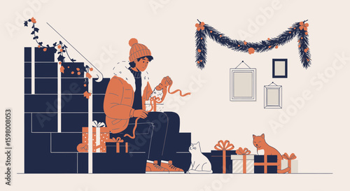 Young Man Enjoying Christmas Morning Unwrapping Presents With Cats On Stairs