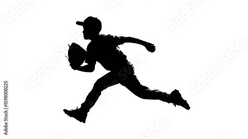 Silhouette of a child mid-action, leaping with a baseball glove and ball, against a white backdrop