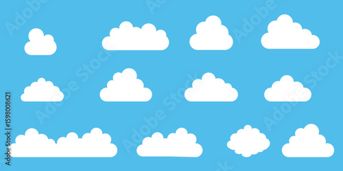 Set of cartoon clouds on blue sky background. Cute fluffy cloud set, White fluffy cloud silhouette isolated on blue background.