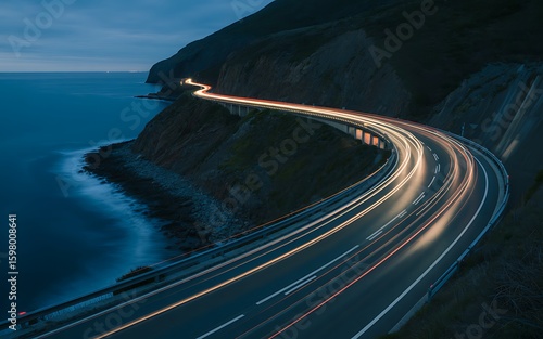 Long exposure of a winding coastal highway with light trails at dusk