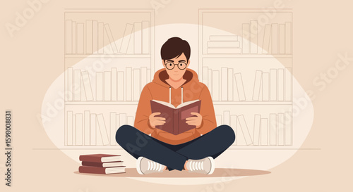 Young Man Immersed In Literature Relaxing With Book At Home Surrounded By Bookshelves