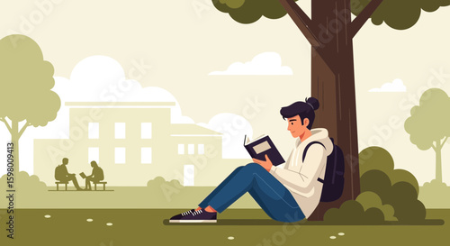 Young Man Reading Book Leaning Against Tree In Park On University Campus
