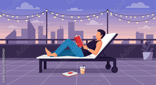Young Man Reading Book On Rooftop At Sunset In City Escape Lifestyle