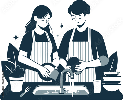 Couple washing dishes together at kitchen sink with plants  