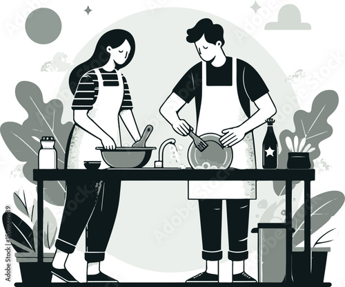 couple washing dishes together at home