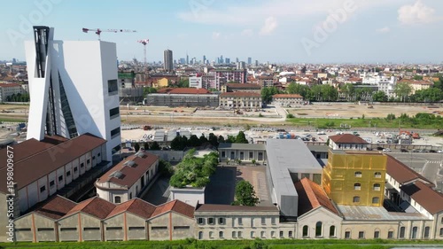 Europe, Italy , Milan 07,22,2025 - Prada Foundation drone aerial view and the  Olympic village Milan Cortina 2026 , the new skyline with skyscrapers and modern building in downtown 