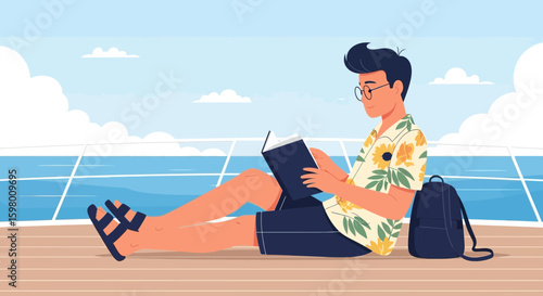 Young Man Relaxes And Reads On A Cruise Enjoying Ocean Scenery