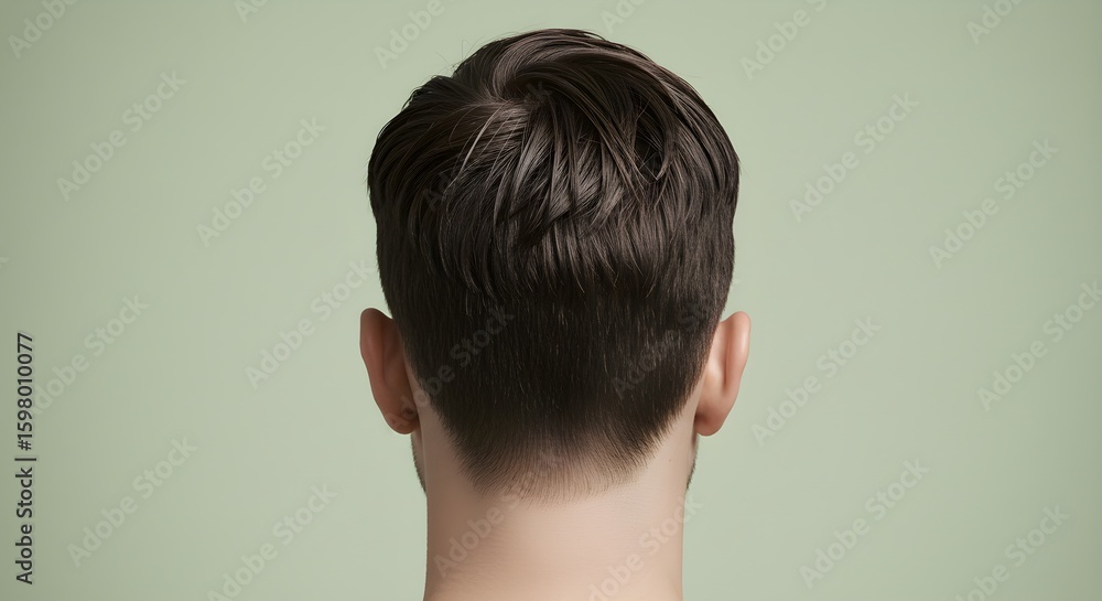 Obraz premium Man's Short Dark Hair Clean Cut Style From Back Studio Shot Light Green Background