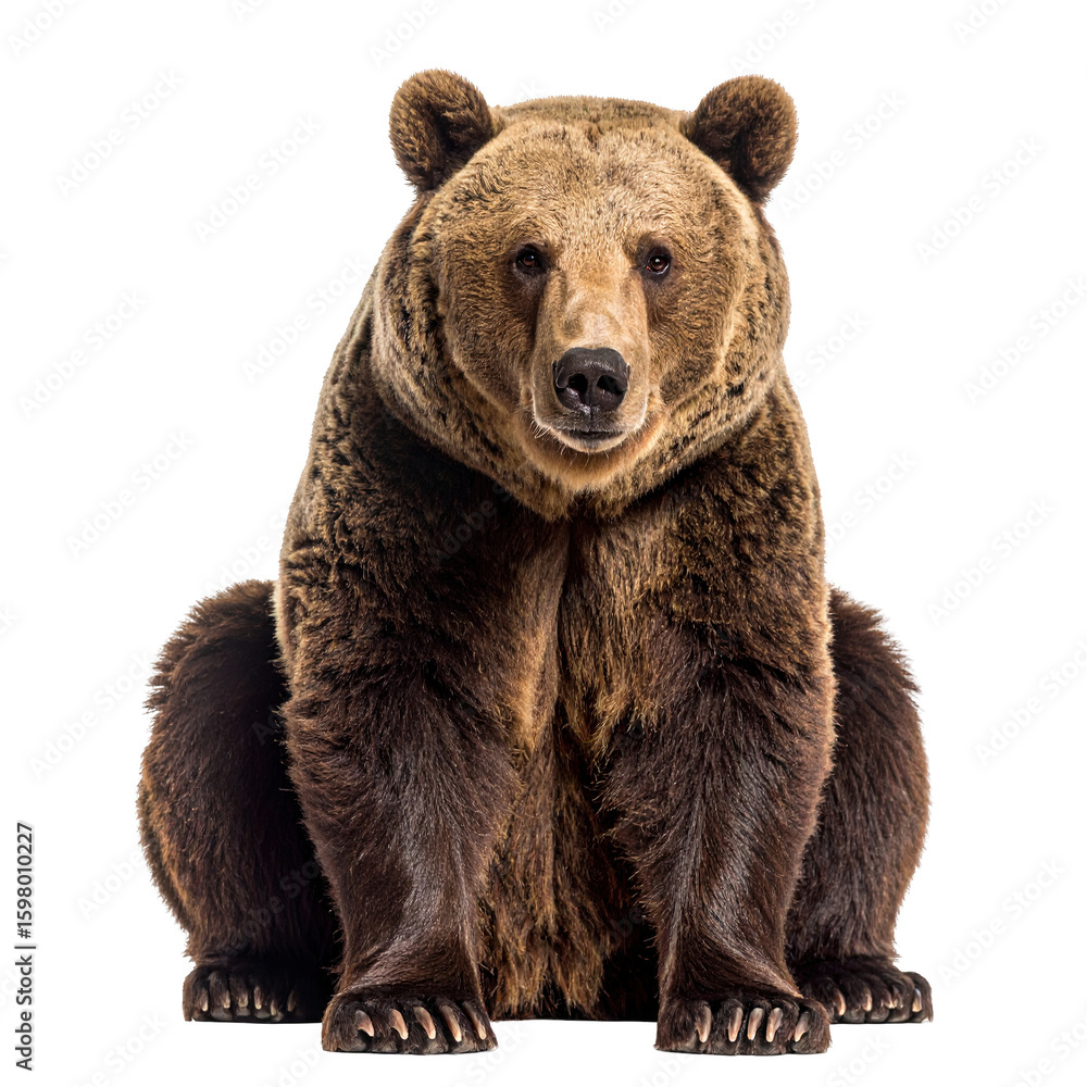 Fototapeta premium Brown bear sitting front view isolated on transparent background