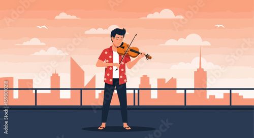 Young Man Serenading The City With His Violin At Sunset On A Rooftop