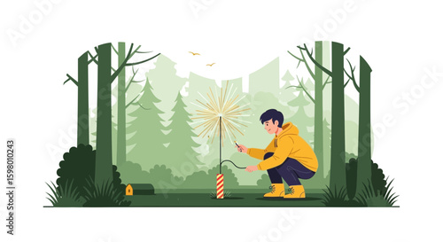 Young Man Setting Off Fireworks in a Forest Celebrating a Festive Holiday