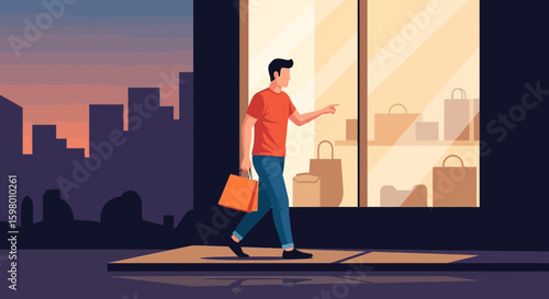 Young Man Shopaholic Admiring Merchandise During Evening Shopping Spree