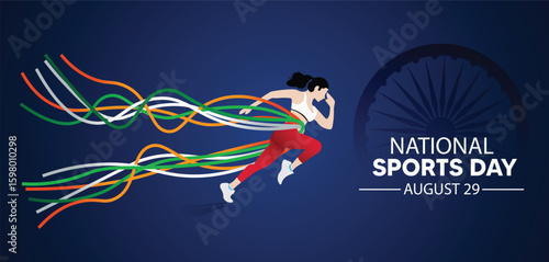 National Sports Day August 29 girl running with ribbon tricolor vector poster