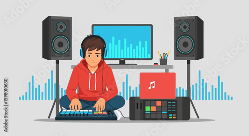 Young Musician Composing Digital Sounds In Home Studio With Advanced Equipment
