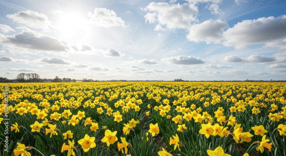 Obraz premium Vast daffodil field under bright sun and puffy clouds in spring landscape