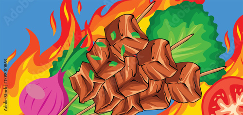 Grilled meat skewers with vegetables and fire