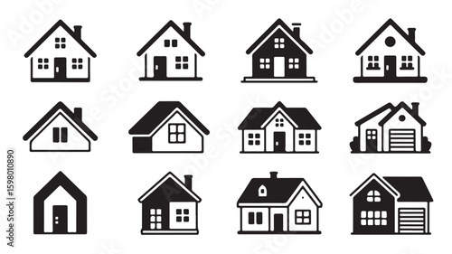 Collection of House Icons Simple Black and White Designs