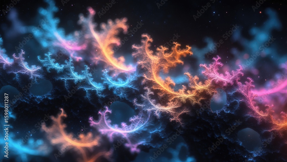 Obraz premium Colorful neural network patterns resembling glowing branches or lightning in space or deep within the brain. Abstract technology and neural connections.