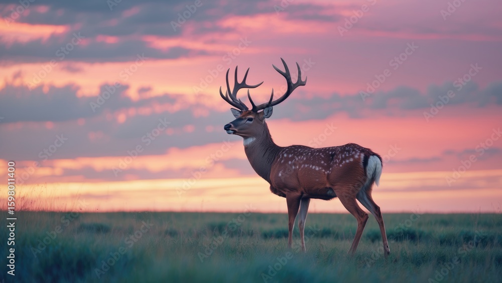 Obraz premium A majestic deer with antlers standing in a field during a colorful sunset.