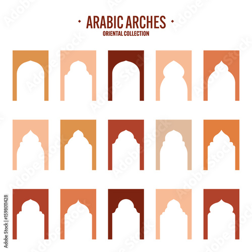 Islamic frames, oriental style objects. Arabic shapes, windows and arches. Traditional ornamental banner, frame. Muslim holidays, Ramadan Kareem. Modern eastern architecture. Vector illustration