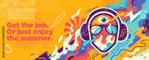 Grunge-style summer banner with an abstract DJ theme and vivid splashes of color. Vector illustration.