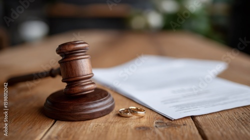 Judge's gavel, wedding rings and divorce decree on wooden table