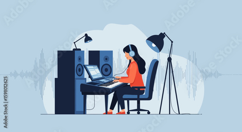 Young Woman Composing Music With Keyboard At Home Recording Studio