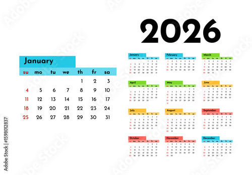 Calendar for 2026 isolated on a white background