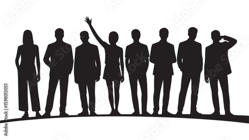 A diverse group of people standing together in a line, one person raising their arm in celebration silhouette