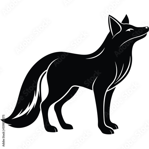 Artful Fox Silhouette: An elegant black silhouette of a fox stands gracefully, its form conveying an aura of slyness and composure. This piece will add a touch of sleek beauty to any design.