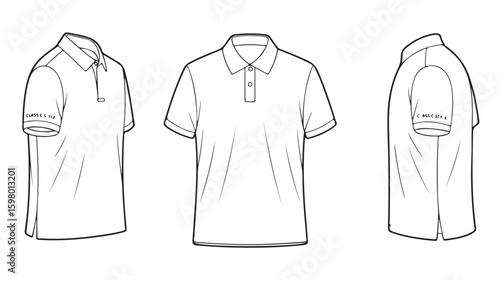Fashion design sketch of a classic short sleeve polo shirt in three different views