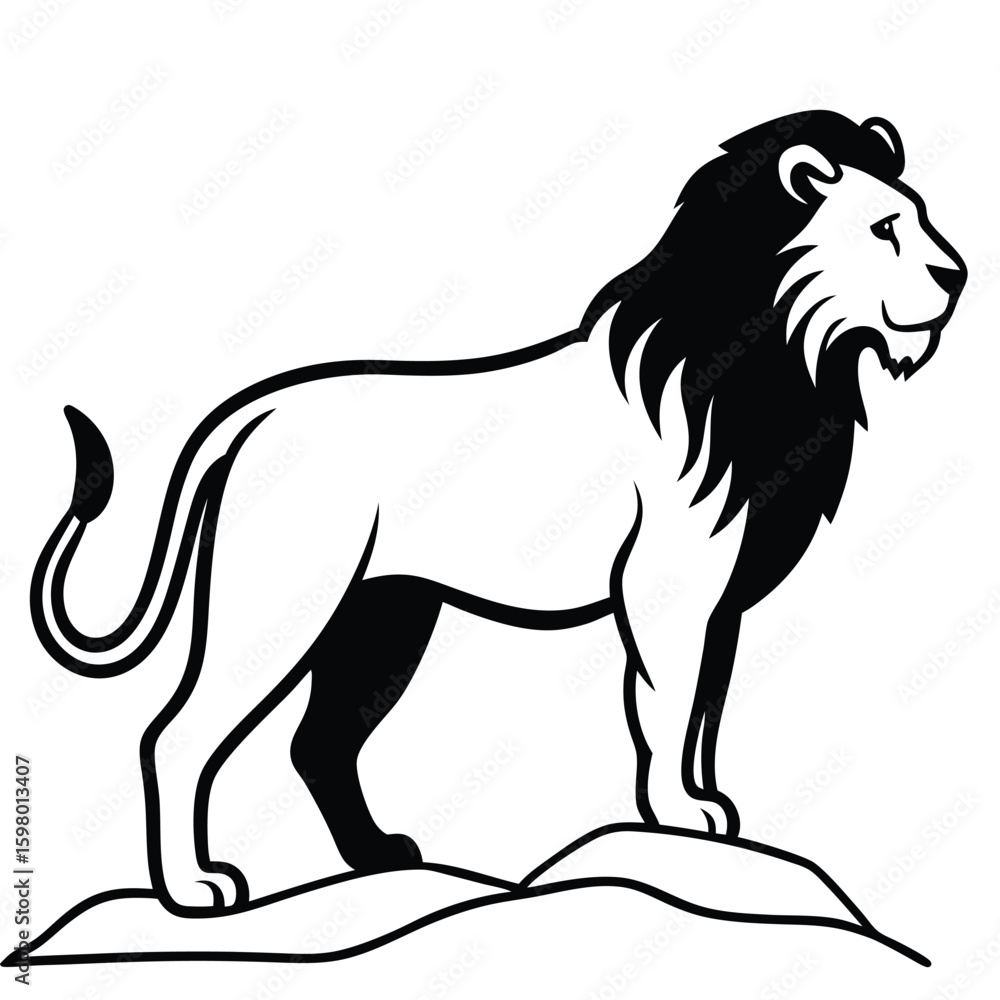 Fototapeta premium Majestic Lion Silhouette: A powerful black and white lion silhouette, exuding strength and pride, stands regally, captured in a stunning display of minimalism. 
