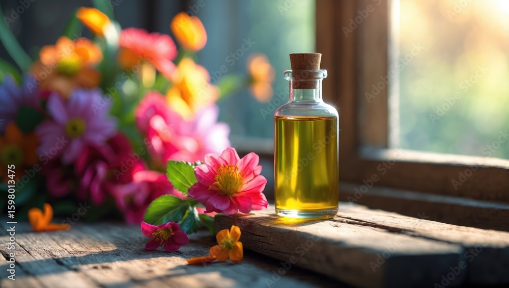A bottle of essential oil or herbal extract placed on a wooden surface with colorful flowers and a window in the background. A bottle of essential oil or herbal extract placed on a wooden surface with colorful flowers and a window in the background.