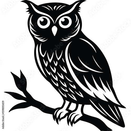 The Wise Owl Perched on a Branch: An illustration depicts an owl perched regally on a branch, its wise gaze and intricate details brought to life through clean, elegant lines and high contrast. 