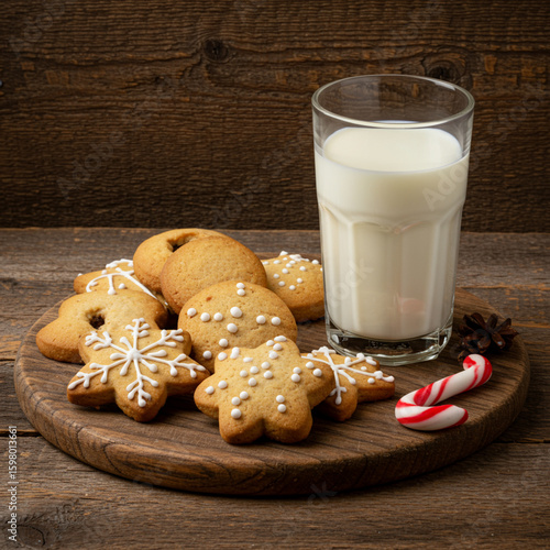 Festive Christmas cookies and milk still life on rustic wood, isolated. 8K.