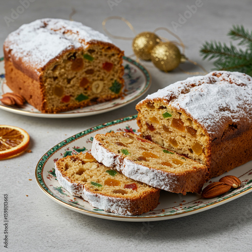 Festive Christmas Fruitcake Slices with Candied Fruit and Nuts on Display.