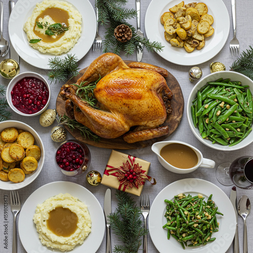 Festive Christmas Dinner Table Setting with Roasted Turkey and Delicious Sides.