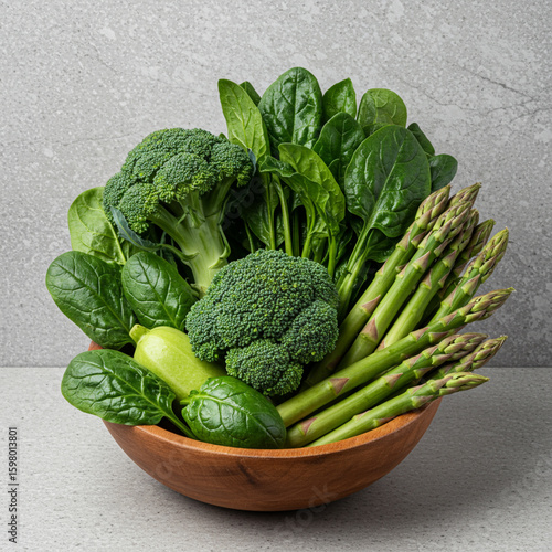 Fresh Green Vegetables Still Life in Wooden Bowl, Healthy Eating Concept.