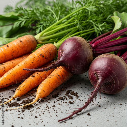 Freshly Harvested Root Vegetables with Soil on Modern Background in 8k.