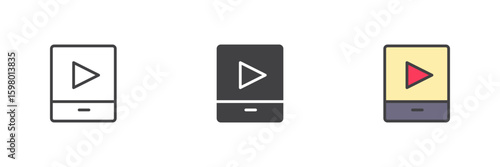 Mobile play icon set in line, solid and filled outline style
