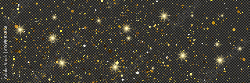 Gold glittering dust with stars on transparent backdrop