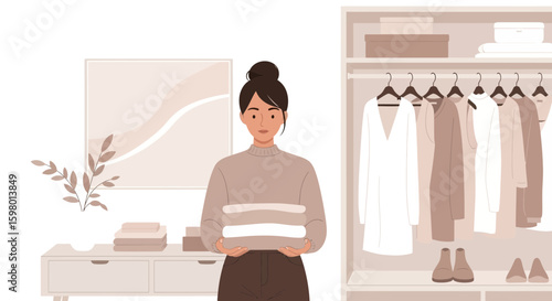 Young Woman Holding Folded Clothes Organizing Home Apparel Storage Closet