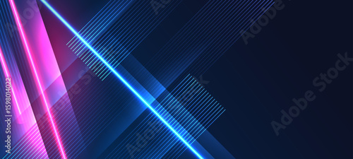 Futuristic glowing lines background with neon blue and pink diagonal light effects