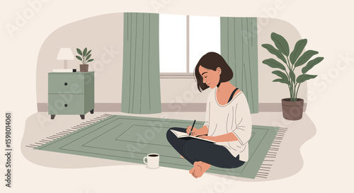 Young Woman Journaling In Her Living Room Creative Writing Concept