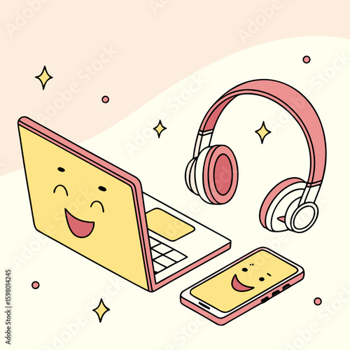Illustration of a laptop, phone, and headphones with smiling faces on a light background design