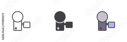 Handheld camcorder icon set in line, solid and filled outline style