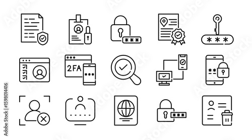 Authentication linear icon set. Password, security, lock, privacy, login, access, identity, user, cyber, encryption, firewall, verification, digital protection, vector icon set. UI thin line icon pack