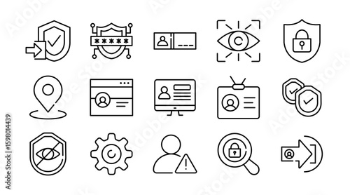 Authentication linear icon set. Password, security, lock, privacy, login, access, identity, user, cyber, encryption, firewall, verification, digital protection, vector icon set. UI thin line icon pack